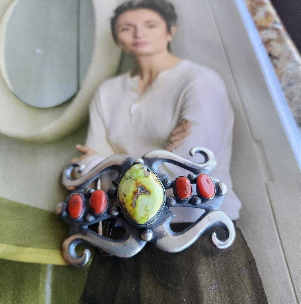 Chimney Butte Sterling Silver and Palomino & Coral Stone Belt Buckle - Picture 3 of 14